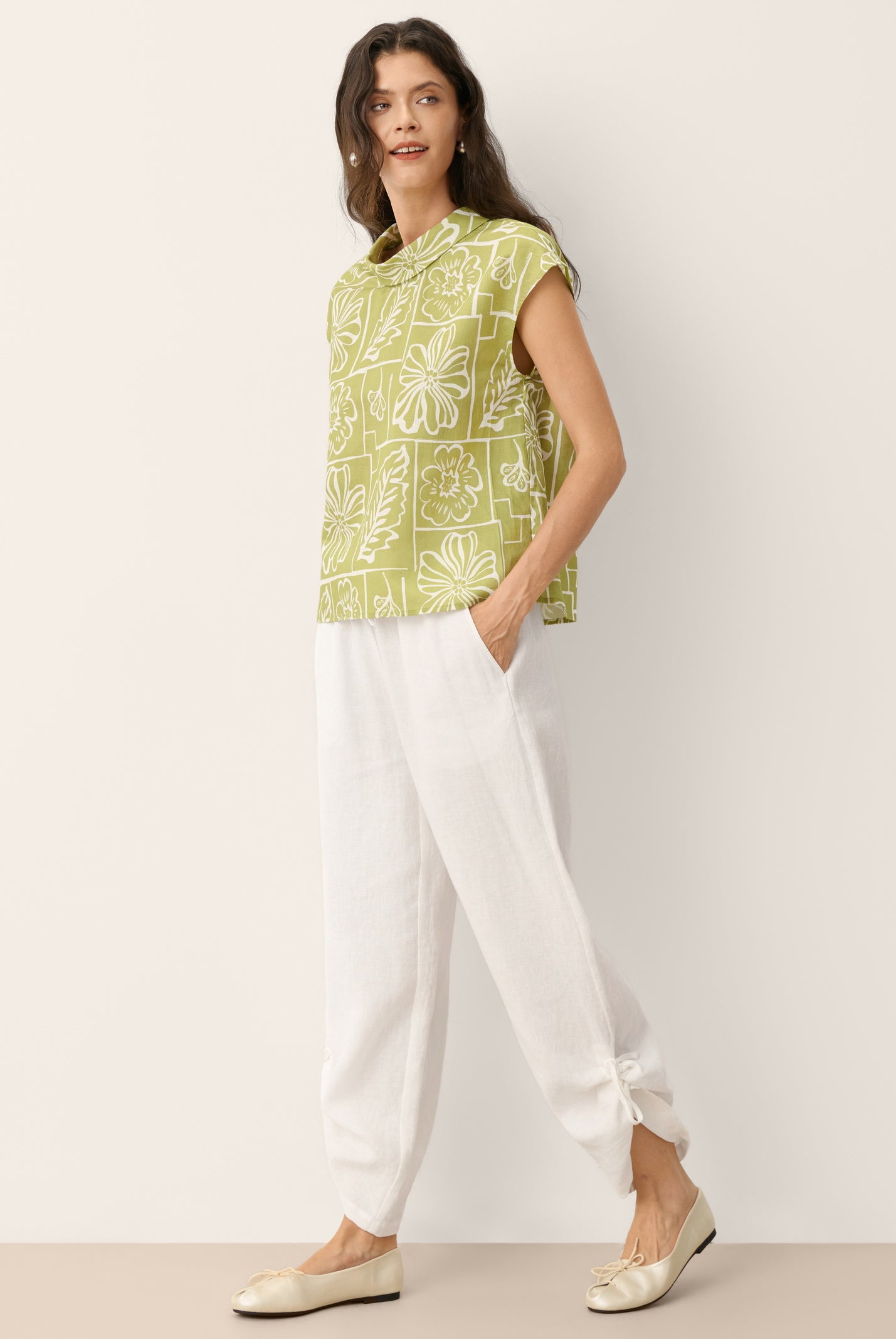 Linen Geometric Floral Stand-Collar Top DELPHINA by LINTICO for women