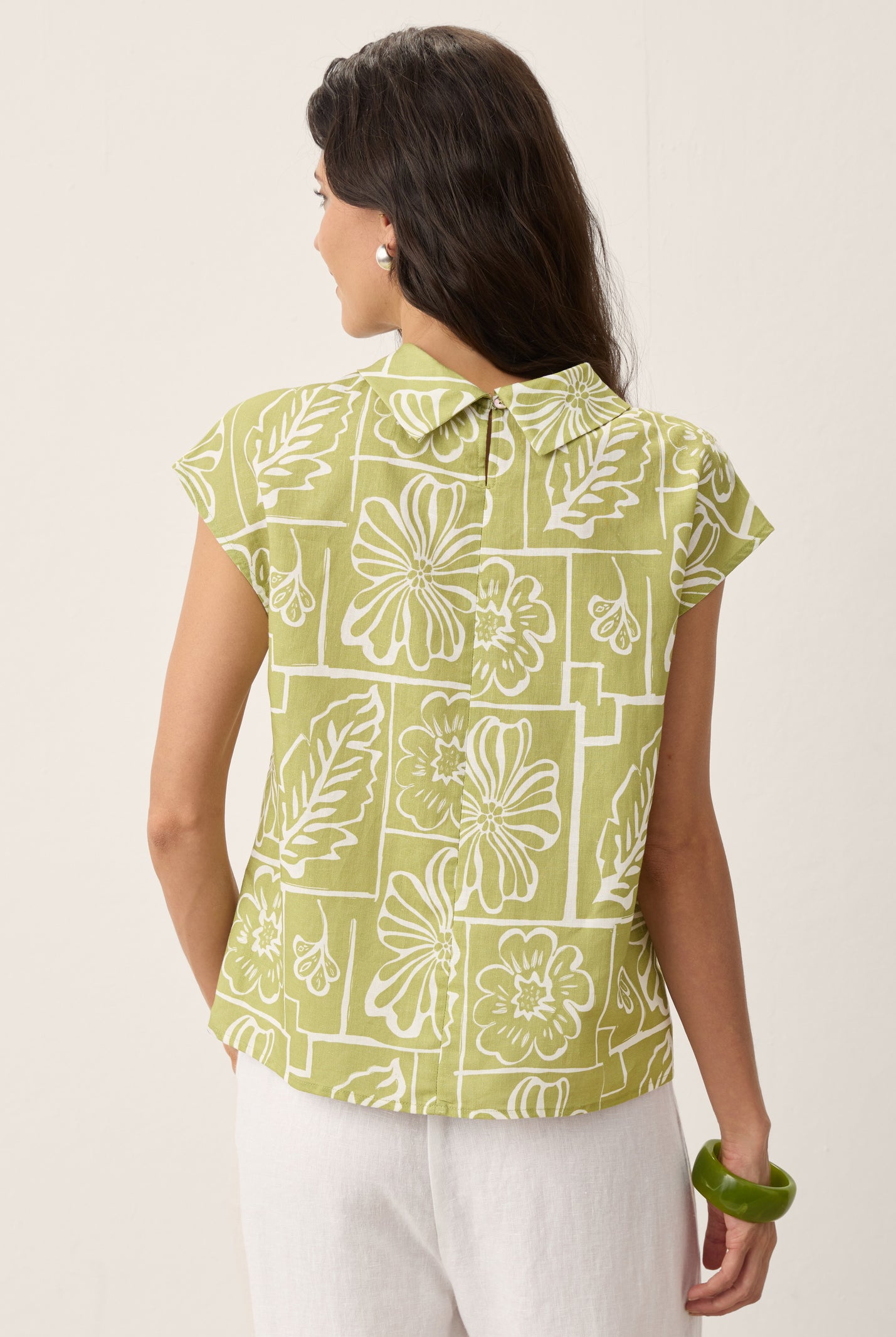 Linen Geometric Floral Stand-Collar Top DELPHINA by LINTICO for women