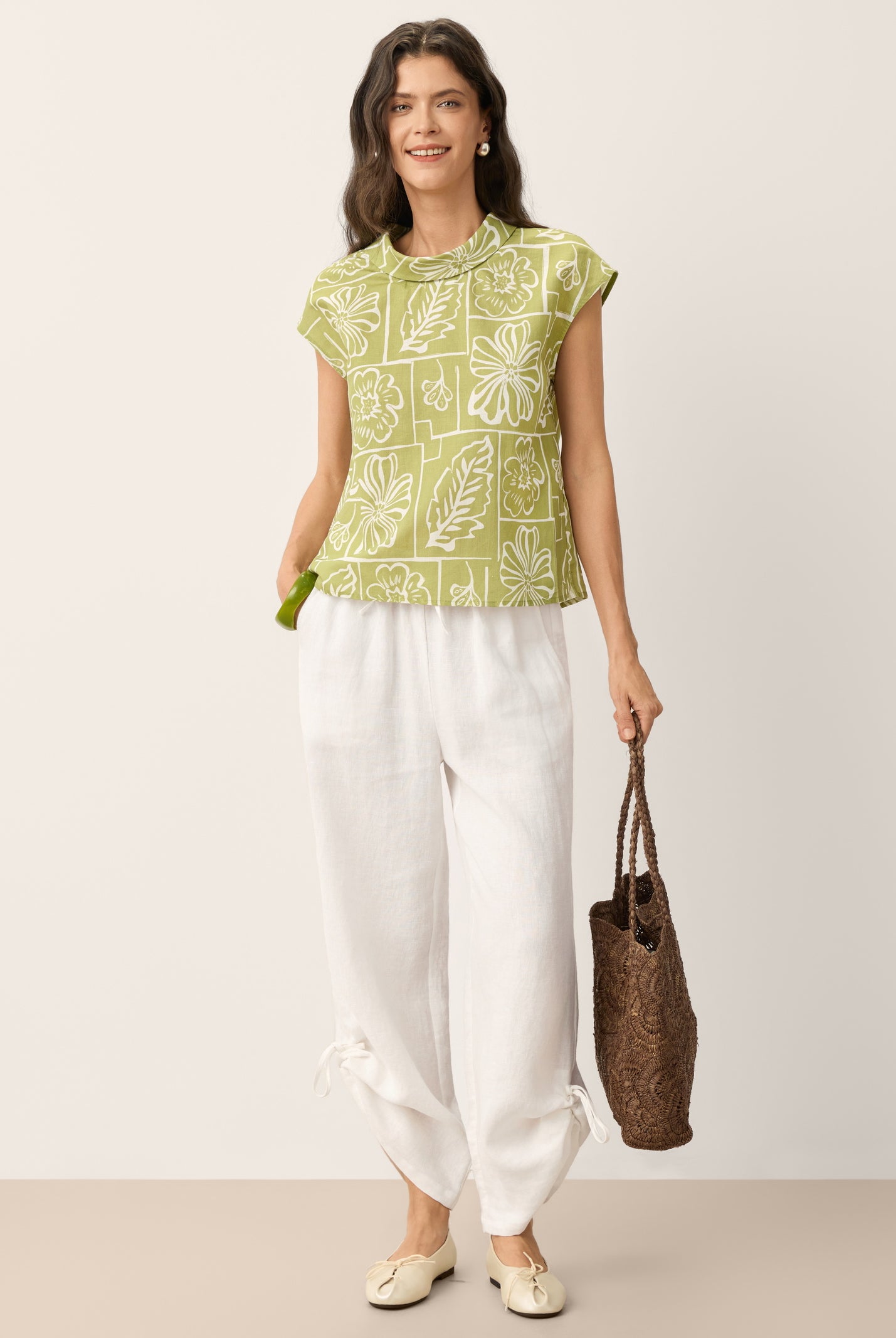 Linen Geometric Floral Stand-Collar Top DELPHINA by LINTICO for women
