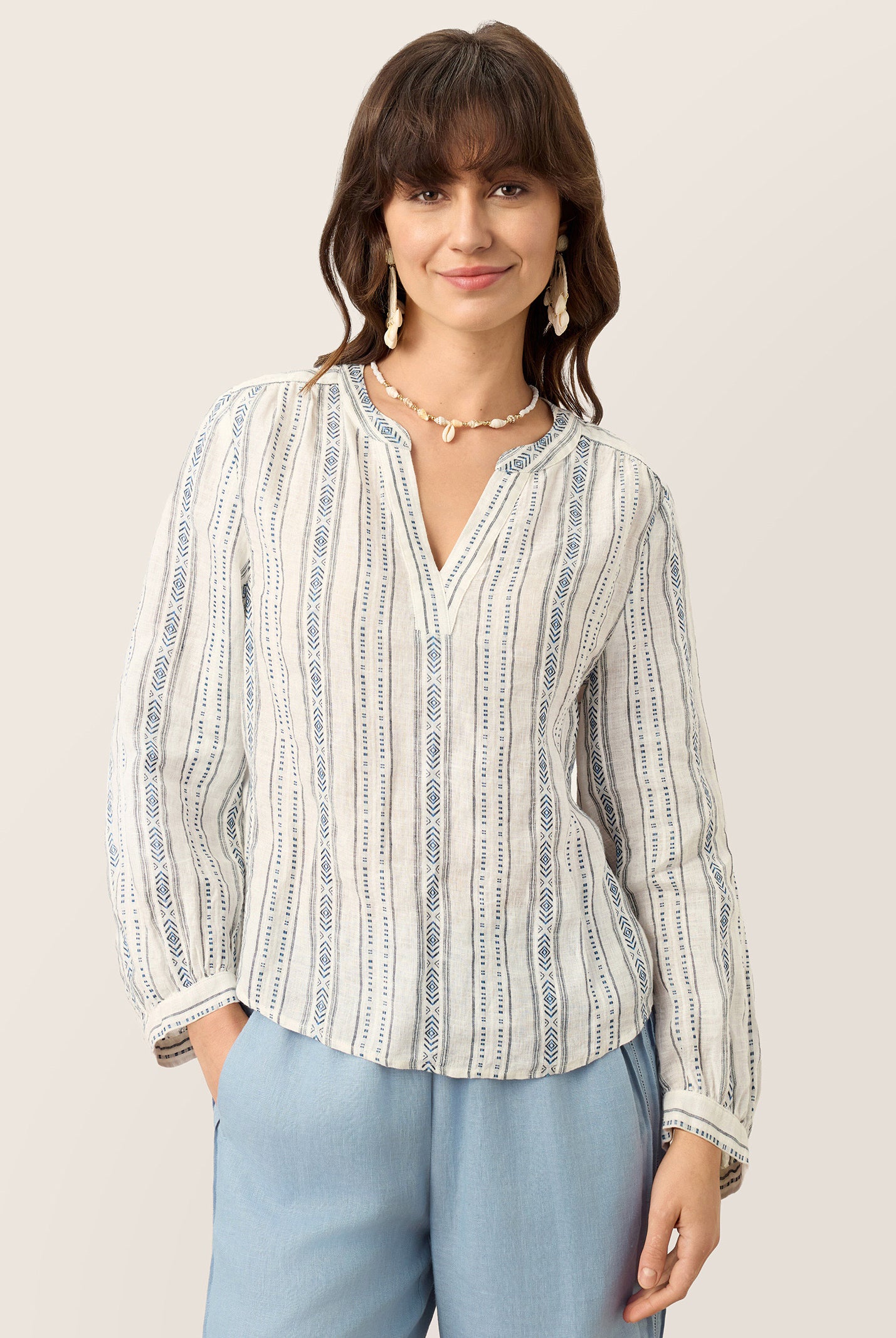 Linen Tribal Stripe Split Neck Bohemian Blouse KERENZA by LINTICO for women