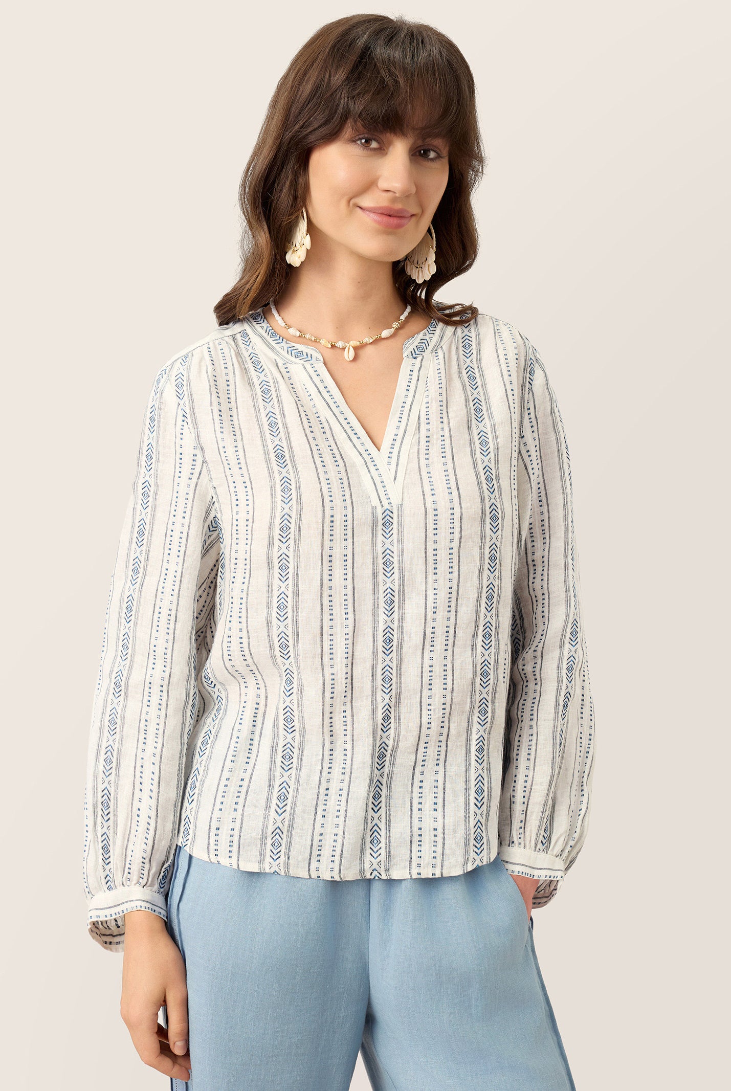 Linen Tribal Stripe Split Neck Bohemian Blouse KERENZA by LINTICO for women