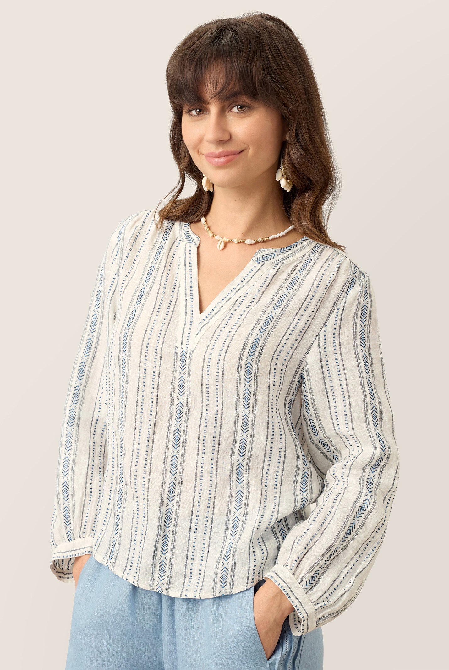 Linen Tribal Stripe Split Neck Bohemian Blouse KERENZA by LINTICO for women