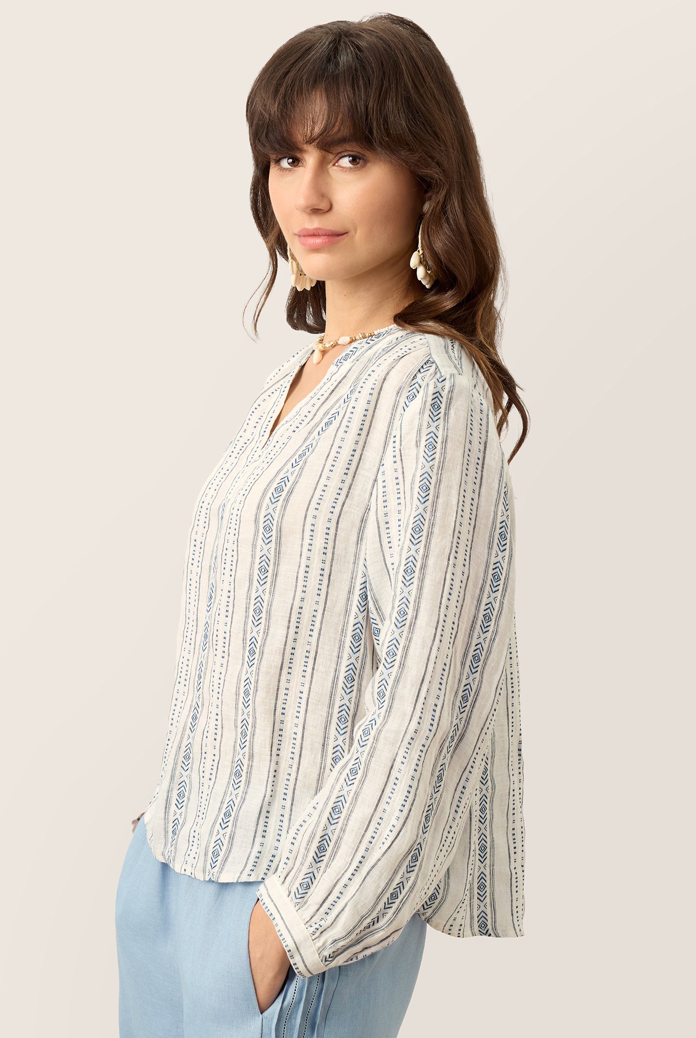 Linen Tribal Stripe Split Neck Bohemian Blouse KERENZA by LINTICO for women