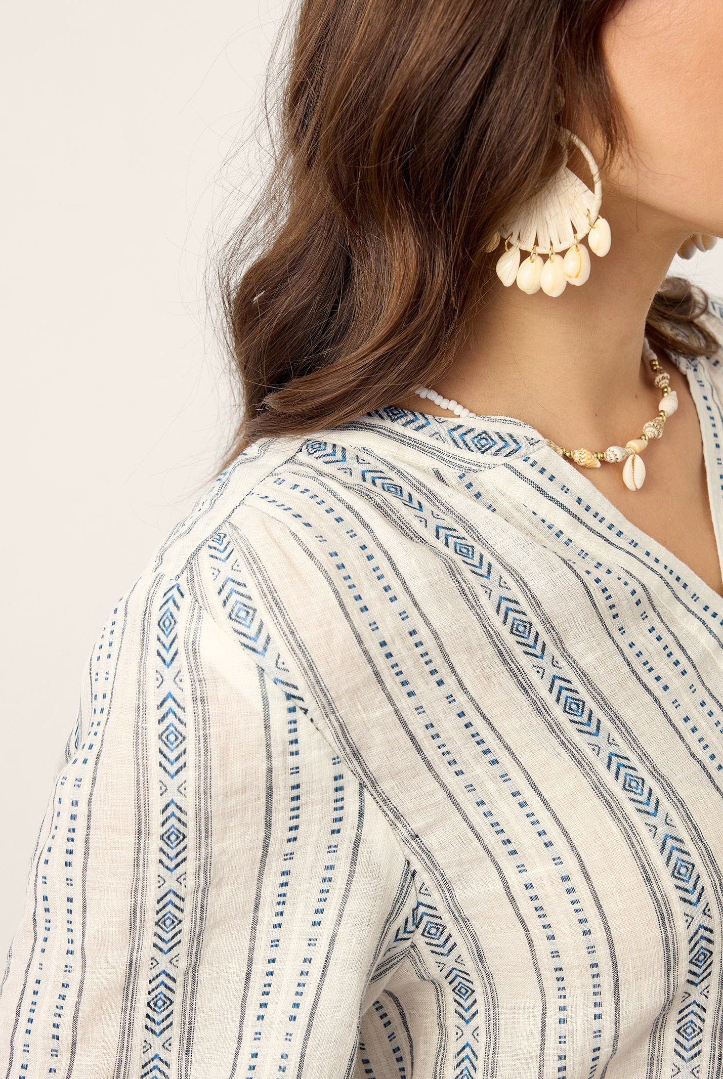 Linen Tribal Stripe Split Neck Bohemian Blouse KERENZA by LINTICO for women