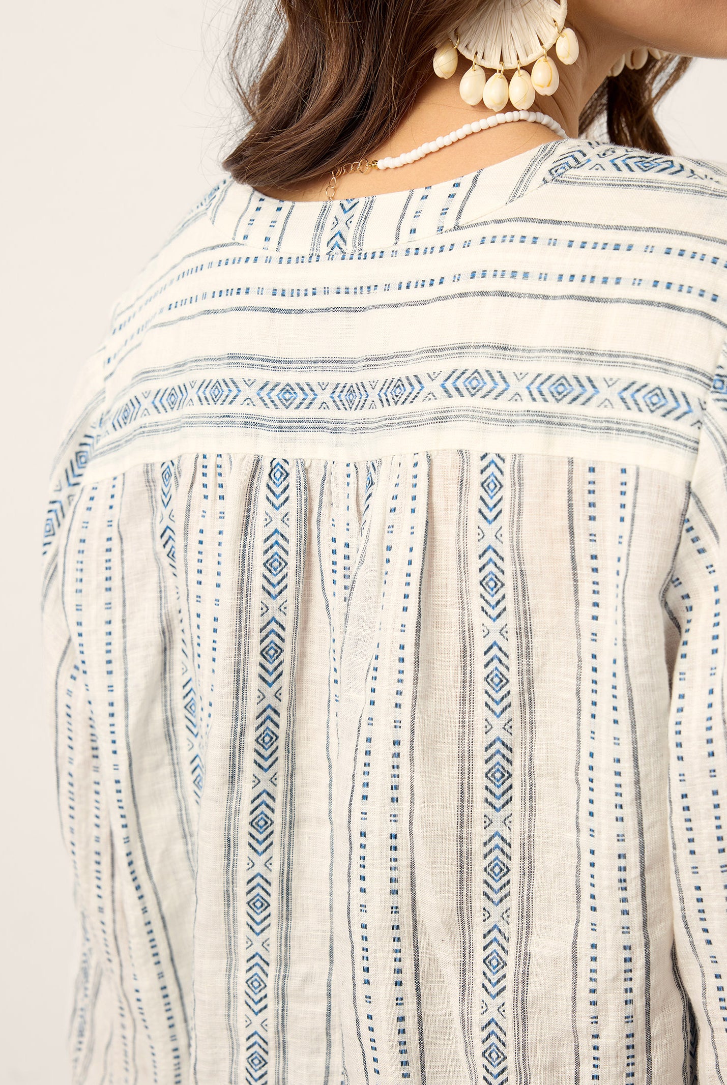 Linen Tribal Stripe Split Neck Bohemian Blouse KERENZA by LINTICO for women