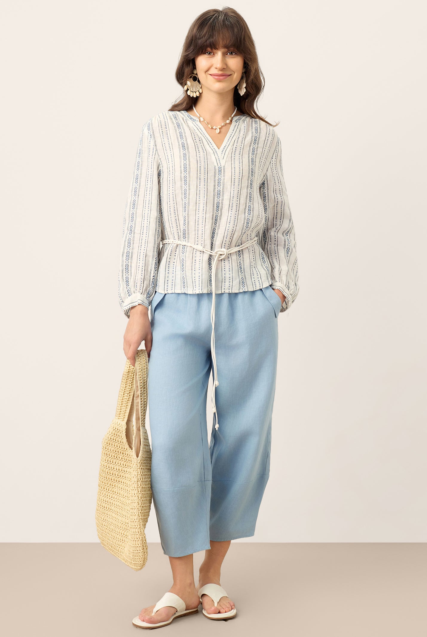 Linen Tribal Stripe Split Neck Bohemian Blouse KERENZA by LINTICO for women