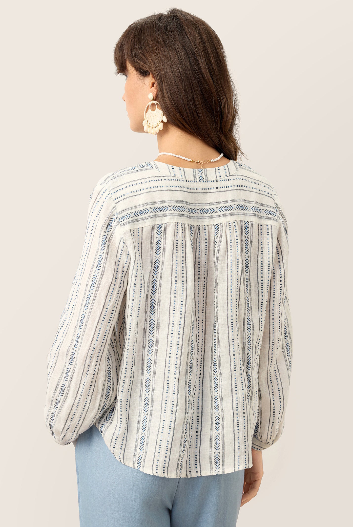 Linen Tribal Stripe Split Neck Bohemian Blouse KERENZA by LINTICO for women