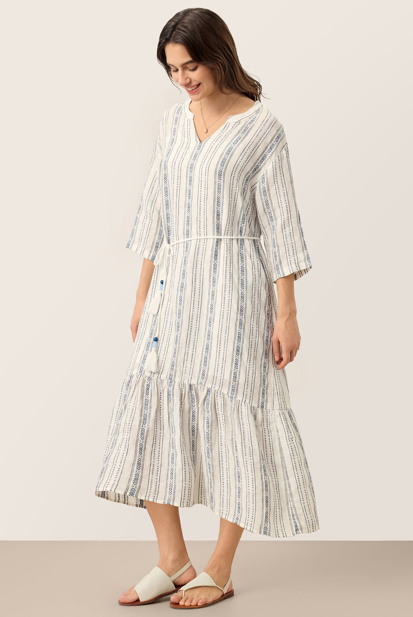 Linen Tribal Stripe Split Neck Bohemian Ruffle Midi Dress with Woven Belt and Slip MARLOWE by LINTICO for women