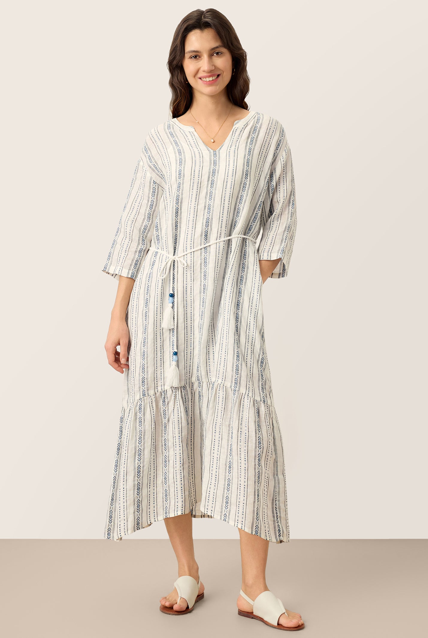 Linen Tribal Stripe Split Neck Bohemian Ruffle Midi Dress with Woven Belt and Slip MARLOWE by LINTICO for women