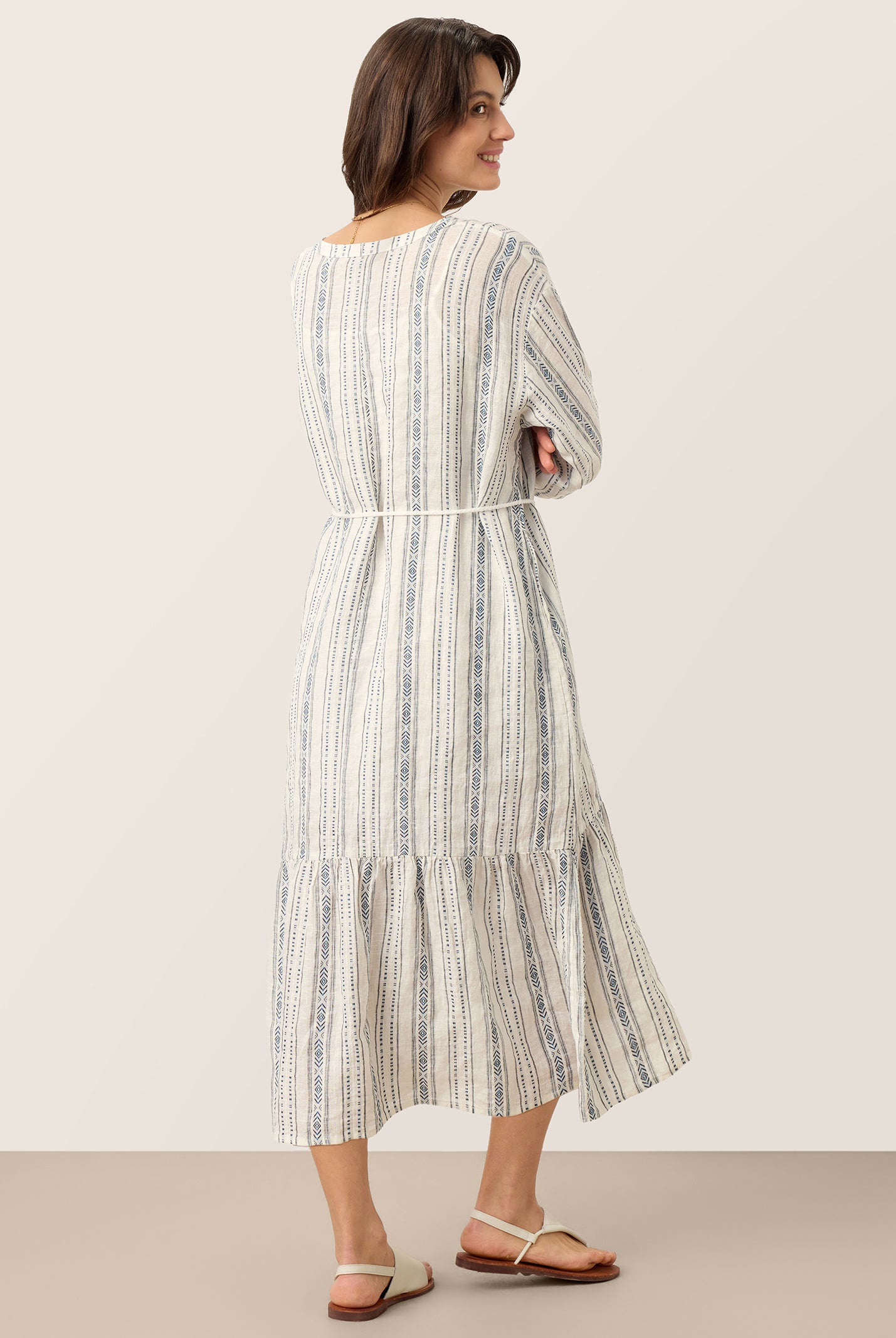 Linen Tribal Stripe Split Neck Bohemian Ruffle Midi Dress with Woven Belt and Slip MARLOWE by LINTICO for women