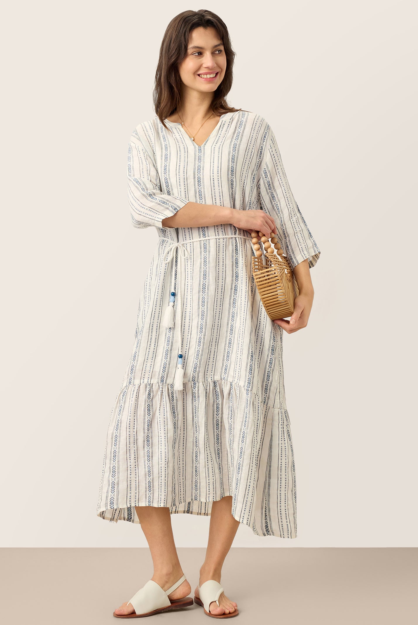 Linen Tribal Stripe Split Neck Bohemian Ruffle Midi Dress with Woven Belt and Slip MARLOWE by LINTICO for women