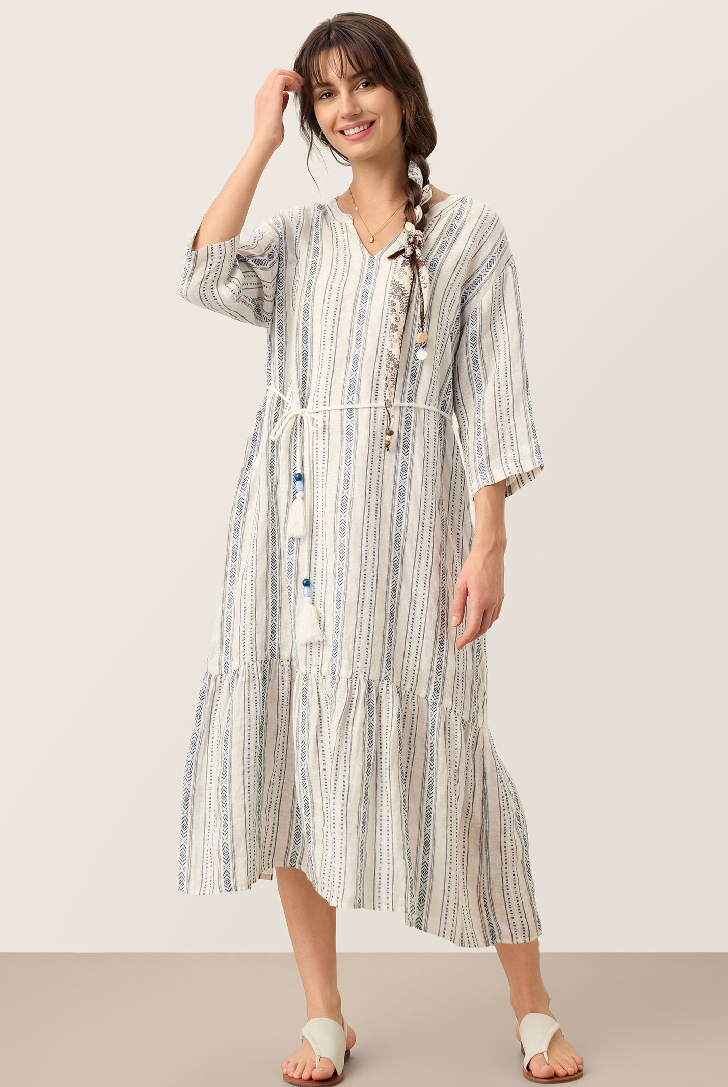 Linen Tribal Stripe Split Neck Bohemian Ruffle Midi Dress with Woven Belt and Slip MARLOWE by LINTICO for women