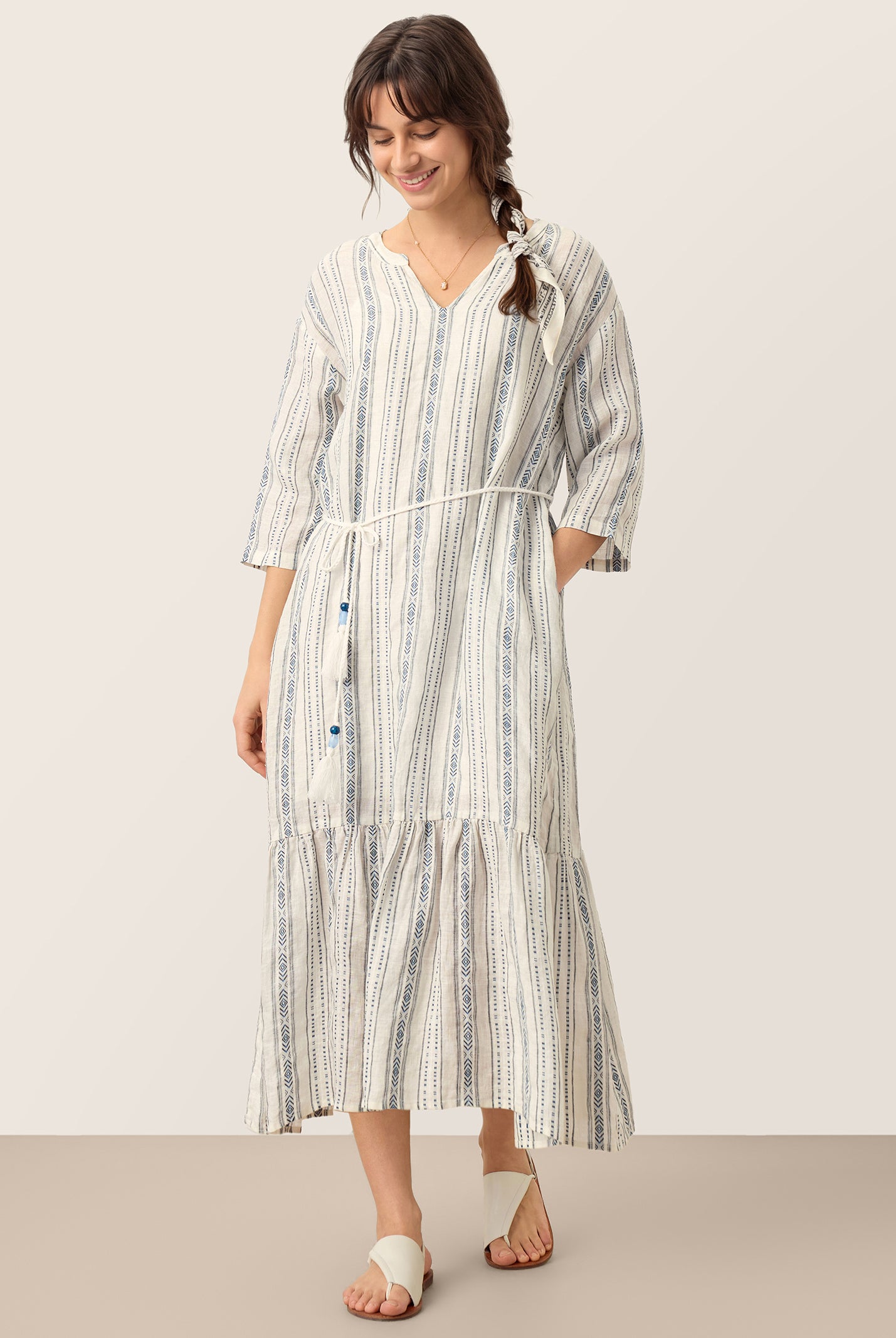 Linen Tribal Stripe Split Neck Bohemian Ruffle Midi Dress with Woven Belt and Slip MARLOWE by LINTICO for women
