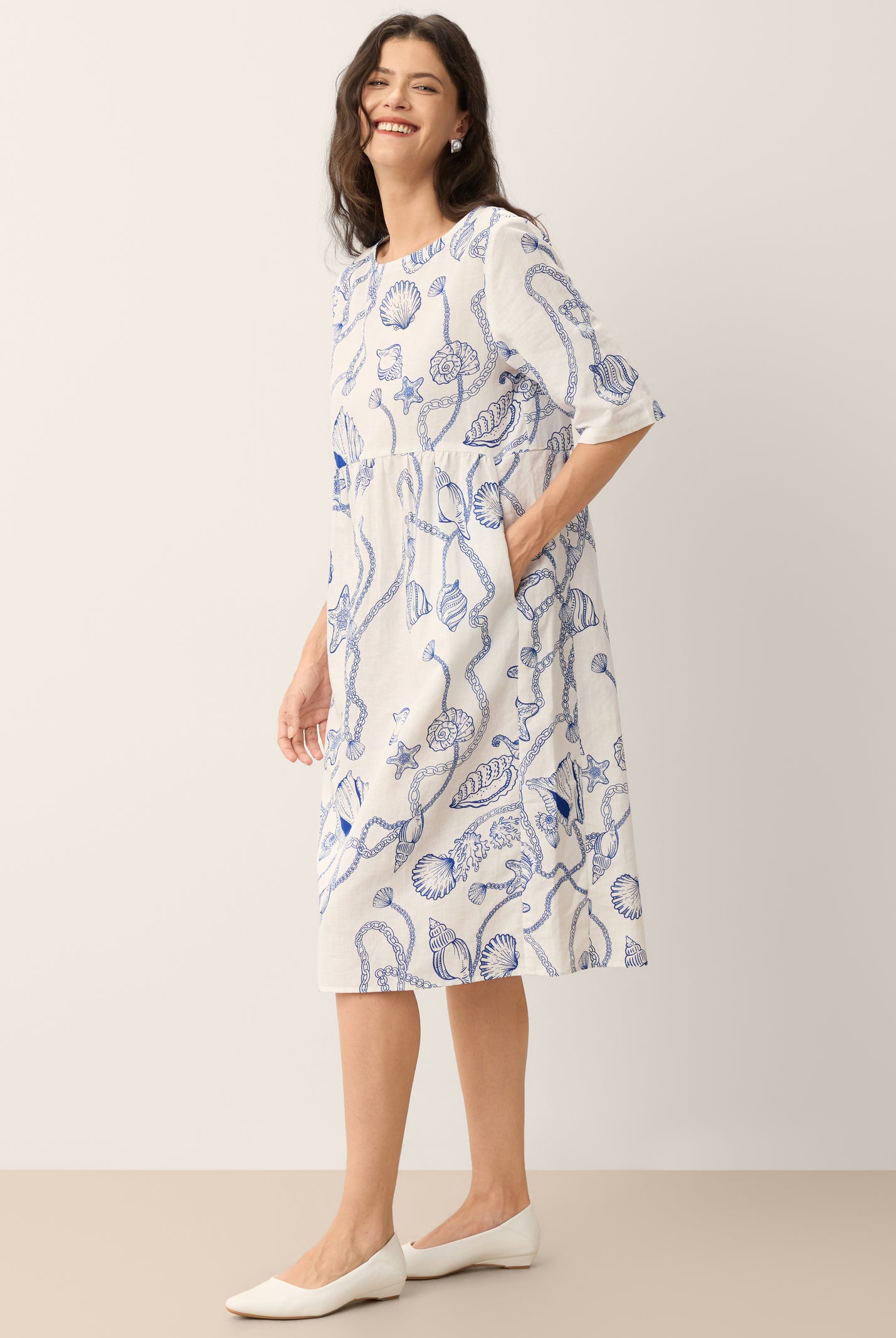 Linen Marine Curio Print Babydoll Midi Dress DELPHINA by LINTICO for women