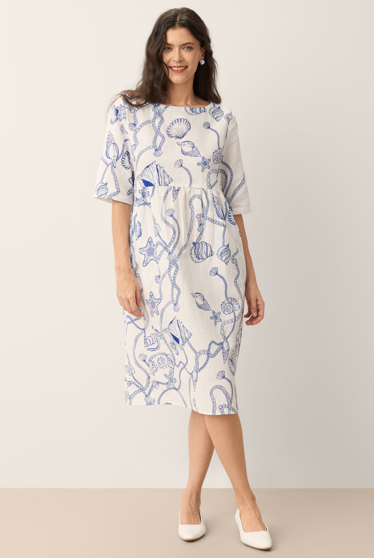 Linen Marine Curio Print Babydoll Midi Dress DELPHINA by LINTICO for women