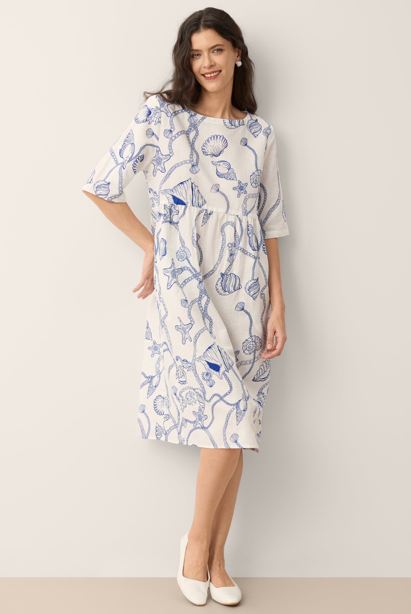 Linen Marine Curio Print Babydoll Midi Dress DELPHINA by LINTICO for women