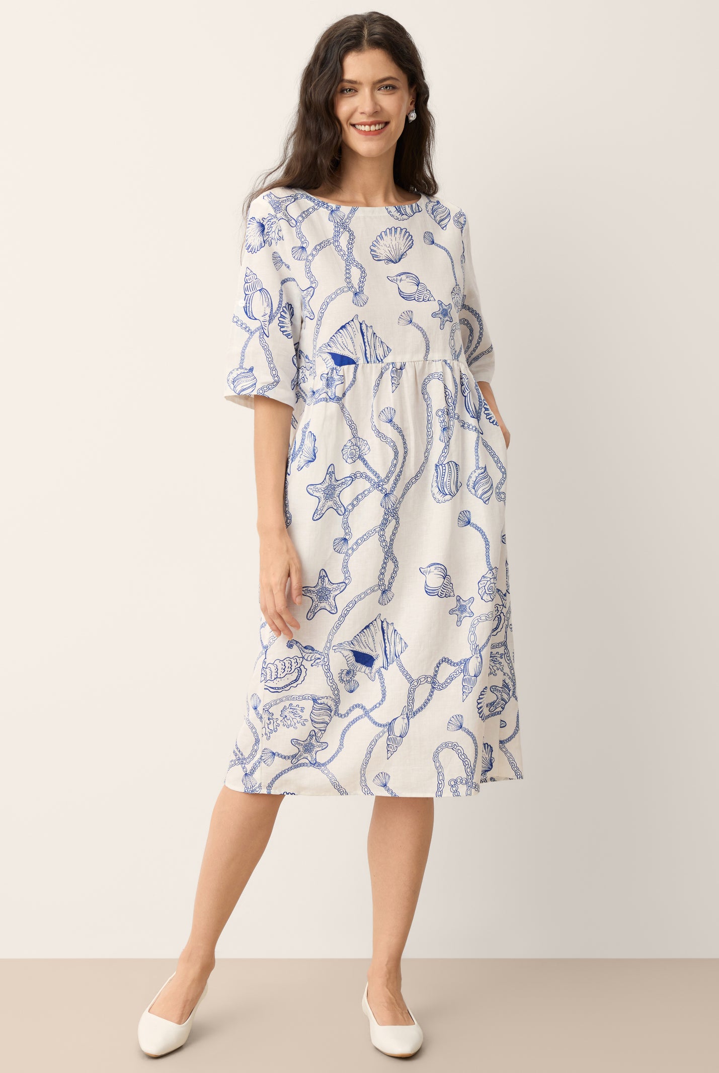 Linen Marine Curio Print Babydoll Midi Dress DELPHINA by LINTICO for women