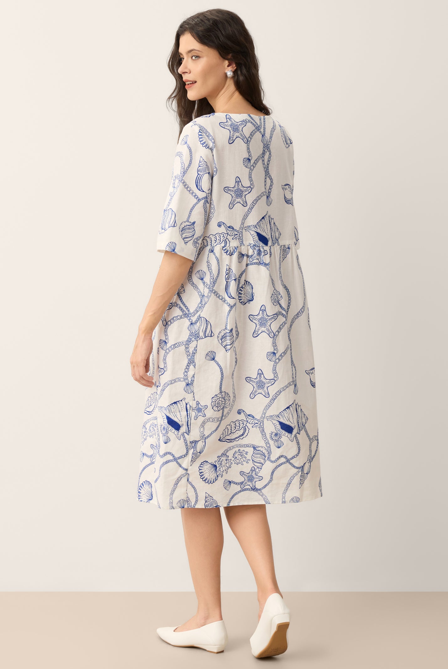 Linen Marine Curio Print Babydoll Midi Dress DELPHINA by LINTICO for women