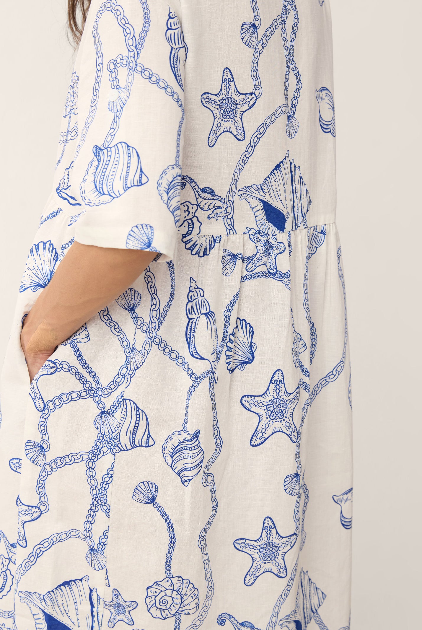 Linen Marine Curio Print Babydoll Midi Dress DELPHINA by LINTICO for women