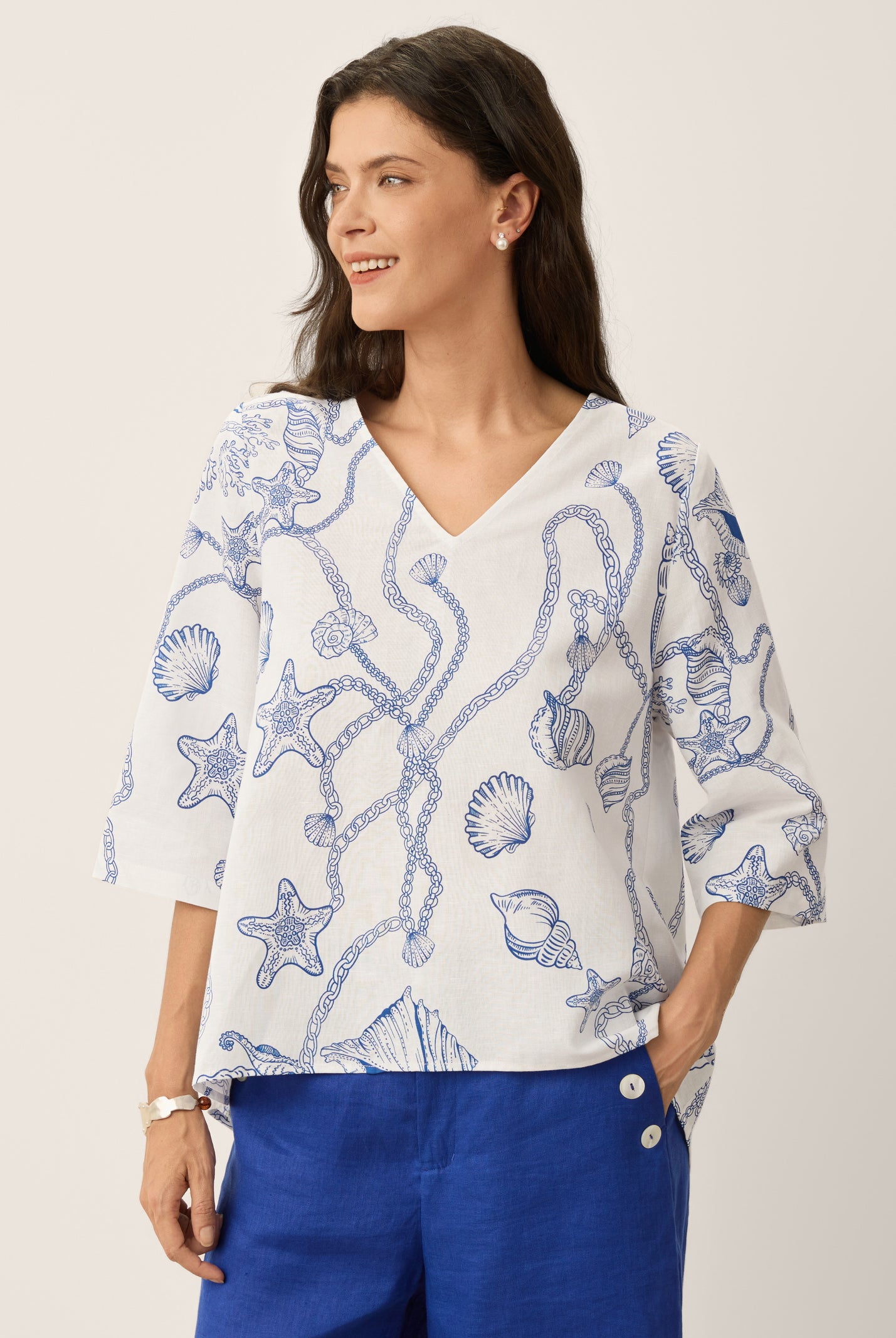 Linen Marine Curio Print High-Low Overtop CERELIA by LINTICO for women