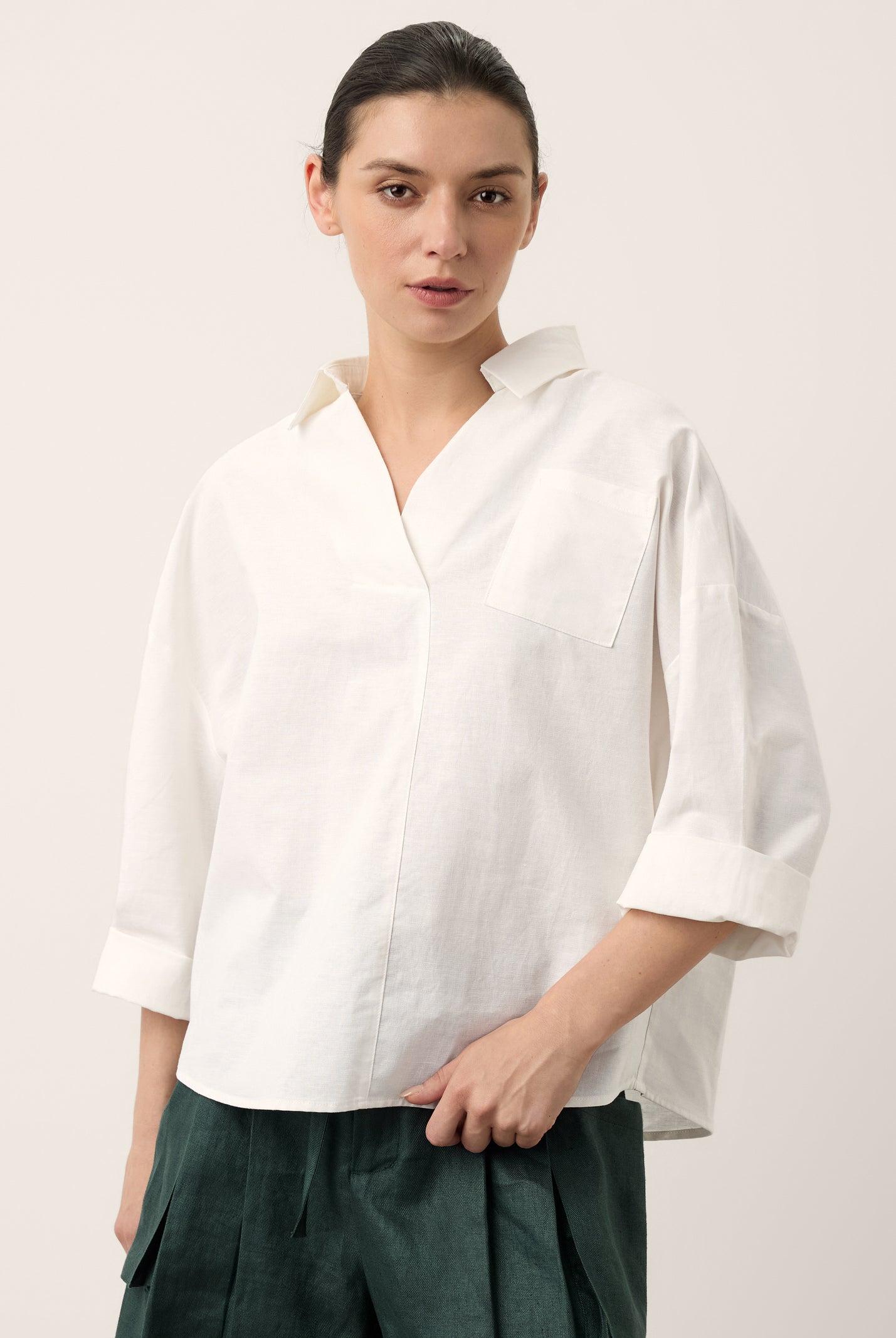 Linen Oversized Fit Pocket Shirt ELOWEN by LINTICO for women