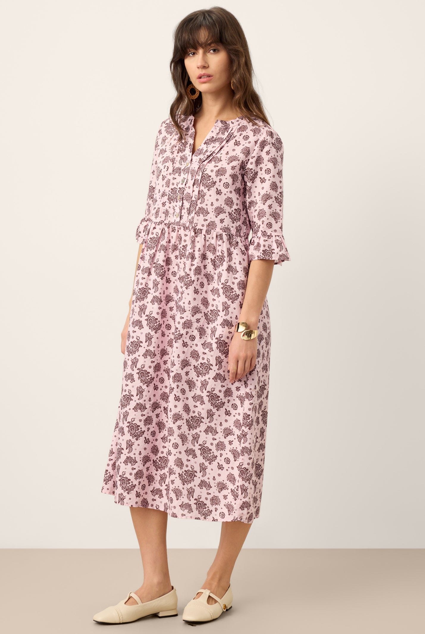 Linen Paisley Pintucked Ruffle-Cuff Midi Dress MAELYN by LINTICO for women
