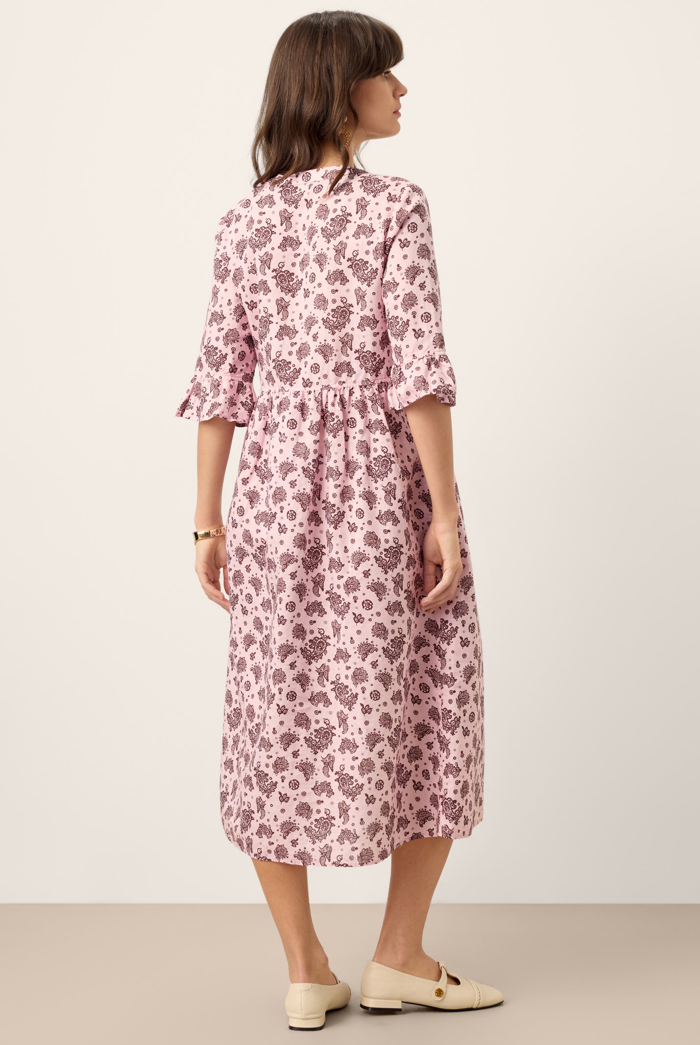 Linen Paisley Pintucked Ruffle-Cuff Midi Dress MAELYN by LINTICO for women