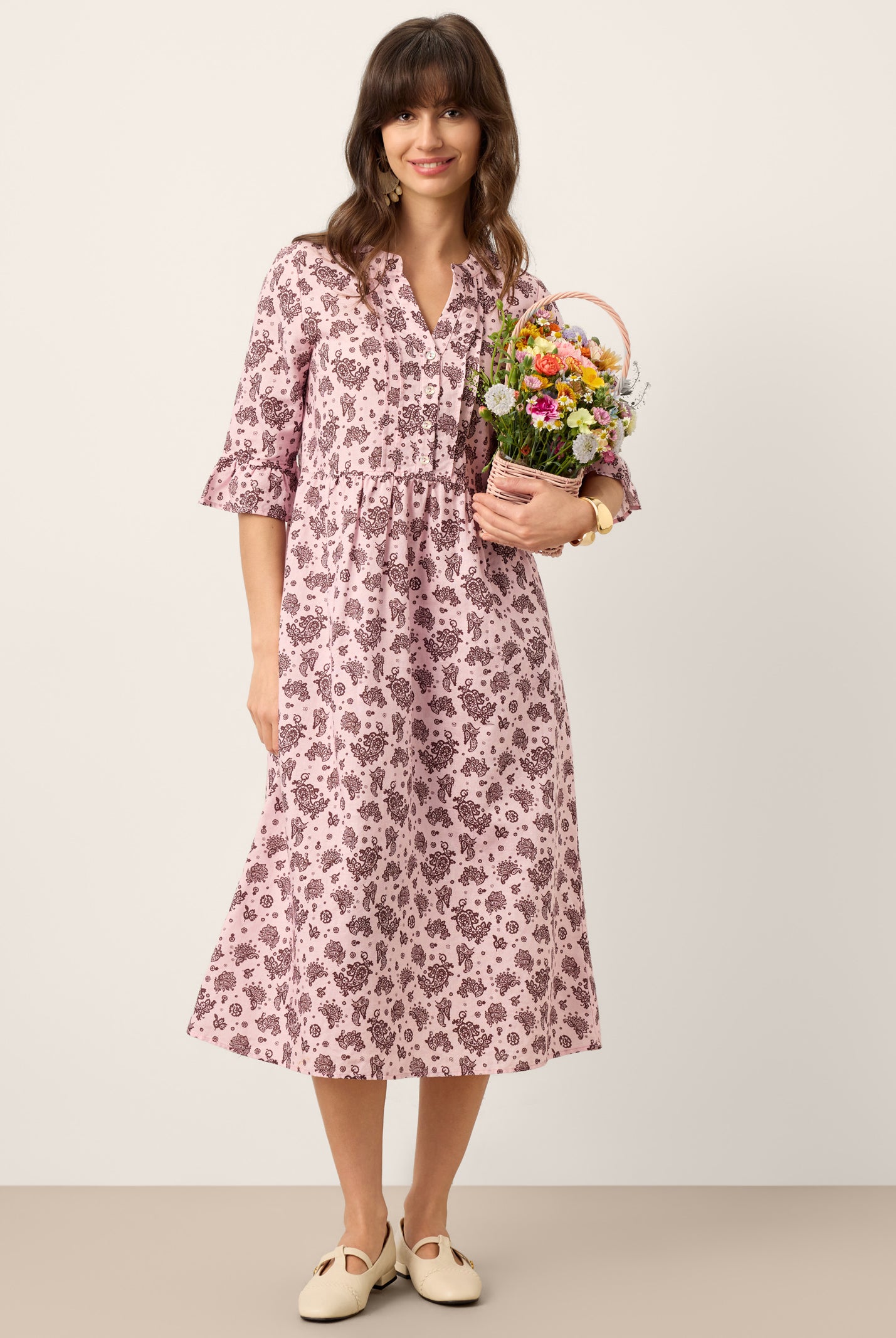 Linen Paisley Pintucked Ruffle-Cuff Midi Dress MAELYN by LINTICO for women