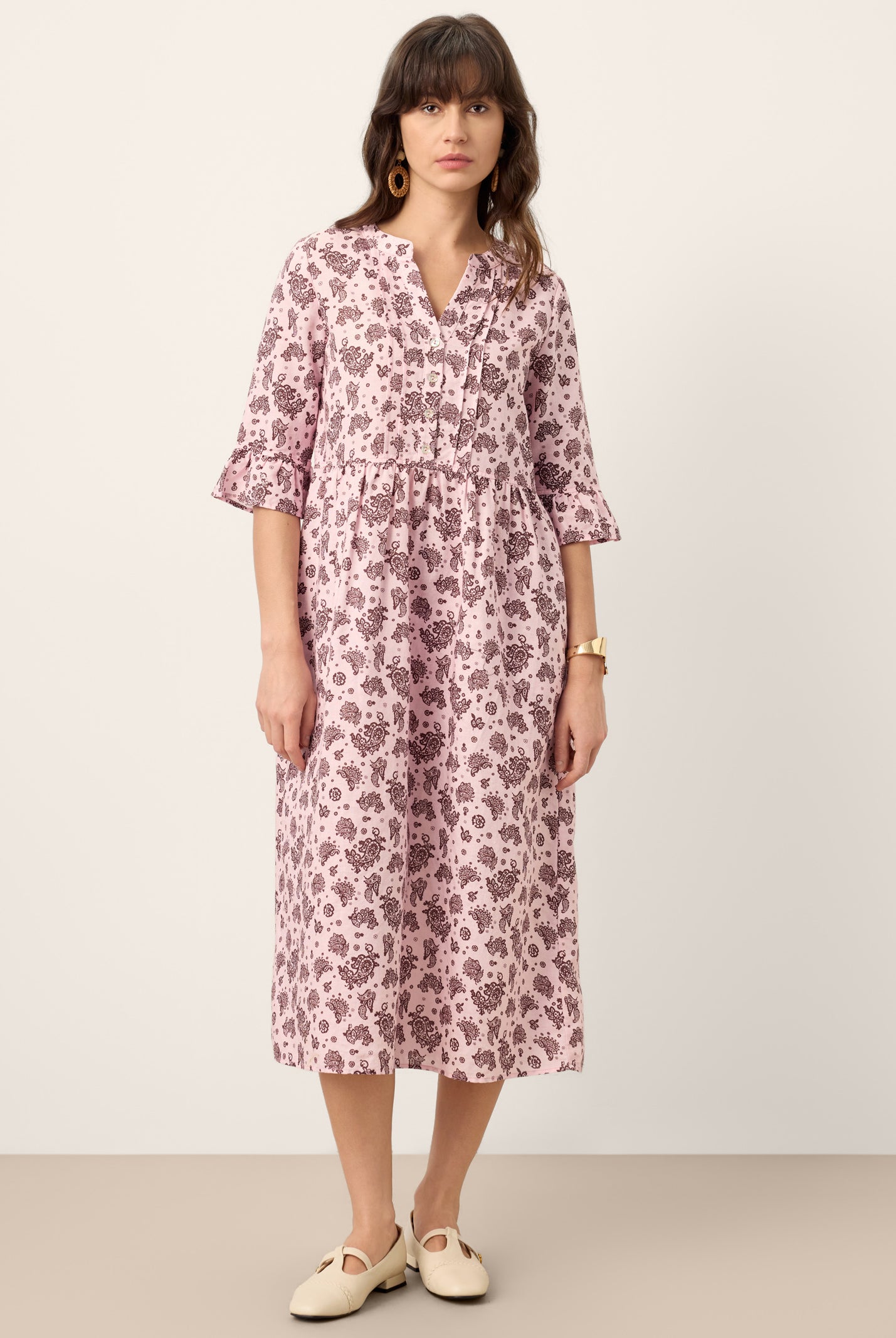 Linen Paisley Pintucked Ruffle-Cuff Midi Dress MAELYN by LINTICO for women