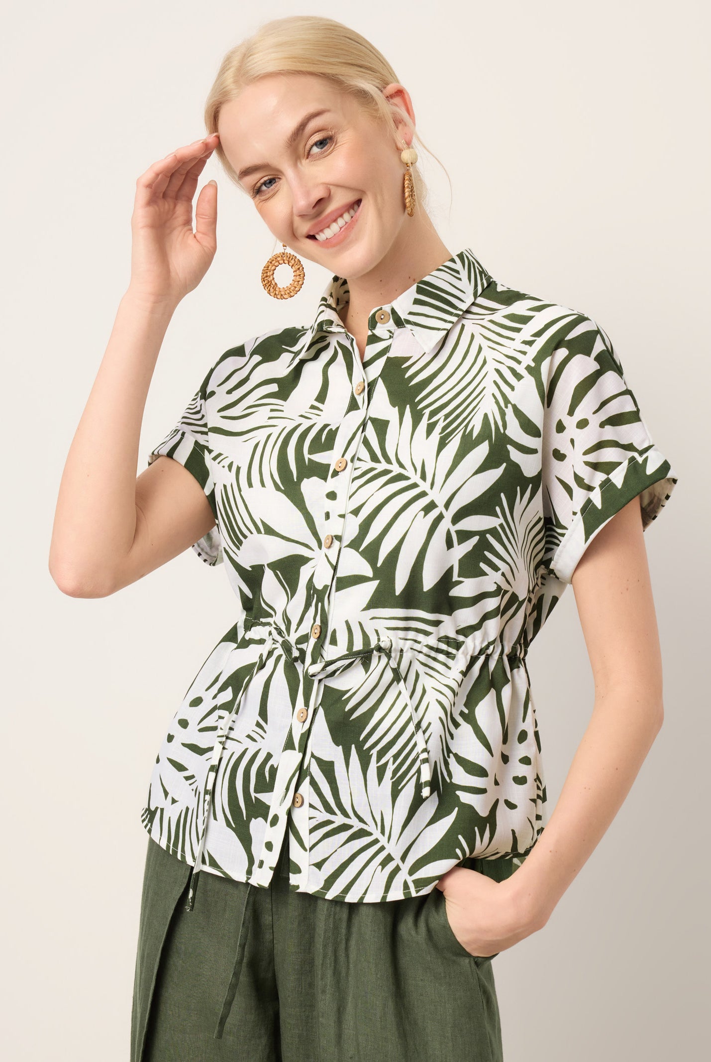 Linen Palm Print Drawstring Waist Cuffed Sleeve Shirt HILDEGARD by LINTICO for women