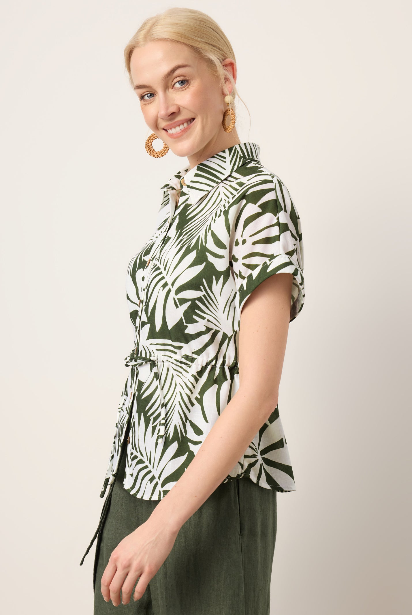 Linen Palm Print Drawstring Waist Cuffed Sleeve Shirt HILDEGARD by LINTICO for women