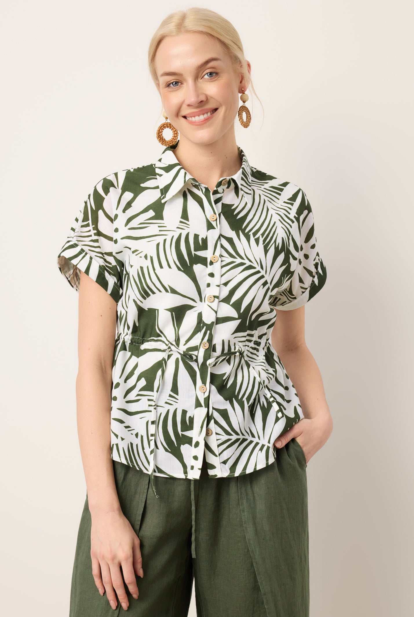 Linen Palm Print Drawstring Waist Cuffed Sleeve Shirt HILDEGARD by LINTICO for women