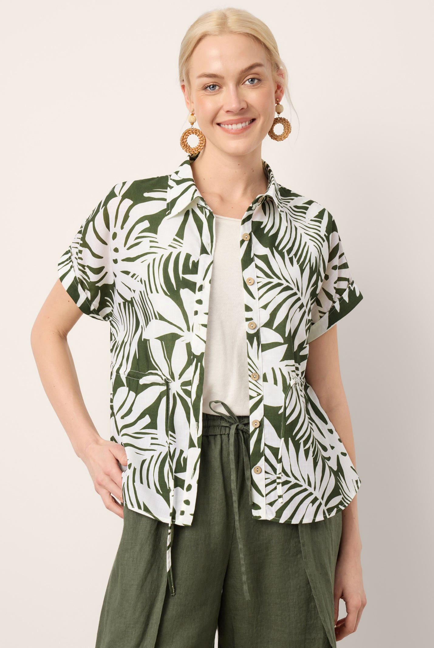 Linen Palm Print Drawstring Waist Cuffed Sleeve Shirt HILDEGARD by LINTICO for women