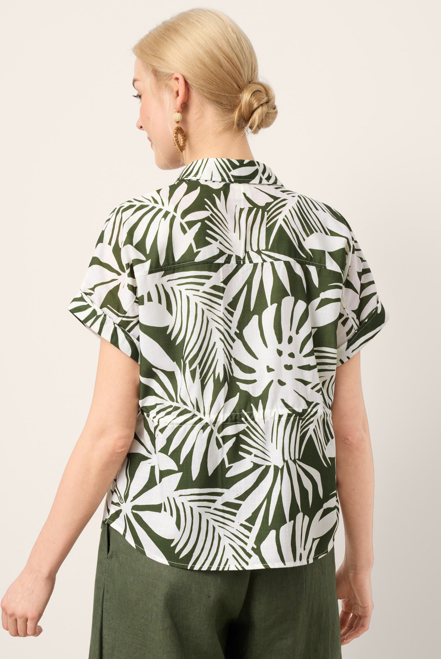 Linen Palm Print Drawstring Waist Cuffed Sleeve Shirt HILDEGARD by LINTICO for women