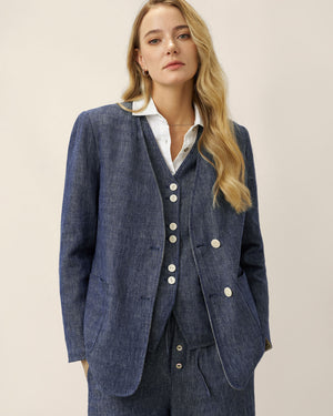 Linen Reversible Denim Texture V Neck Jacket ELLIE by LINTICO, fabric detail for women