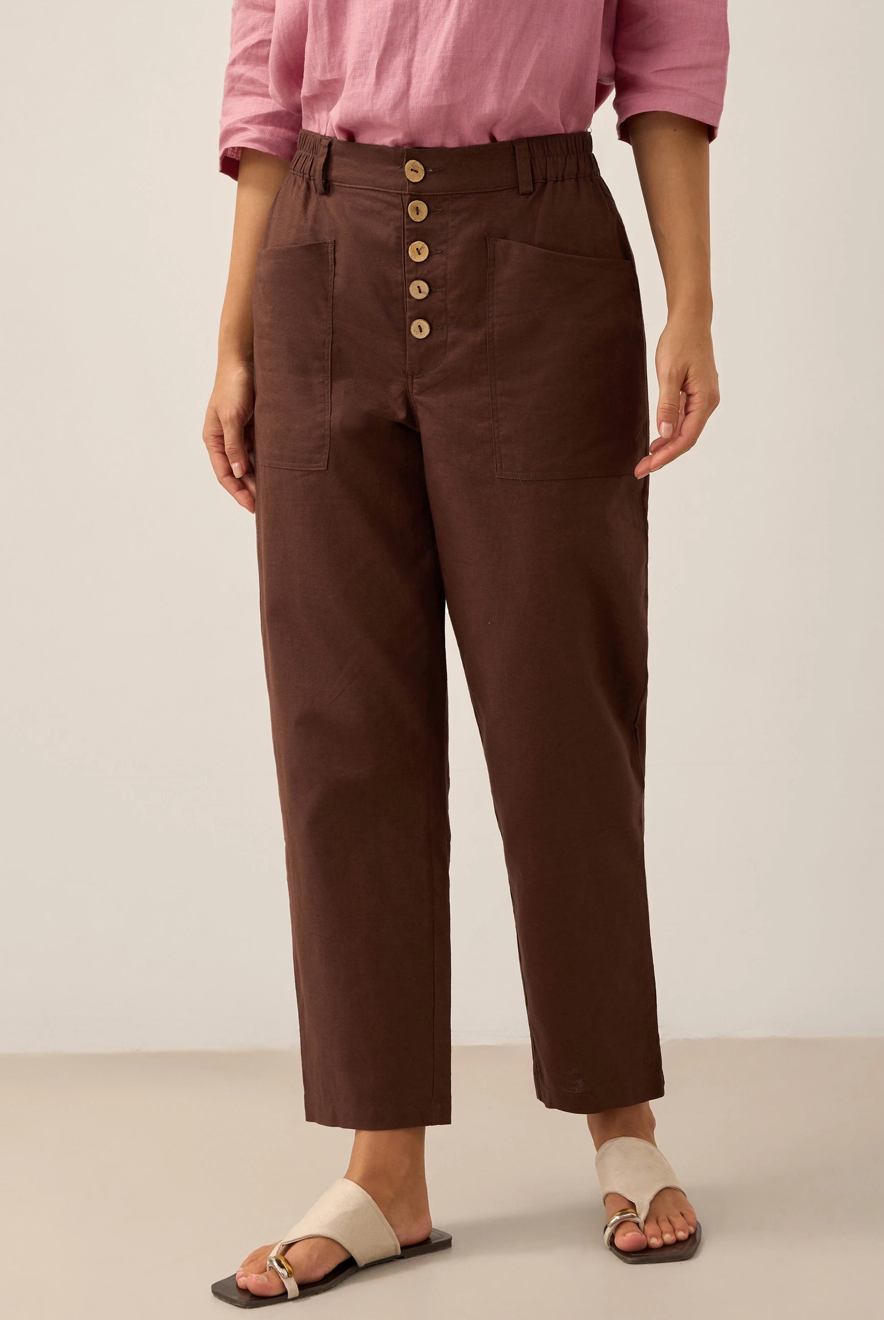 Linen Simple Button Fly Trousers HEIDI by LINTICO for women