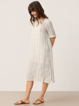 Linen Striped Notch Neck Tab-Cuff Bohemian Midi Dress ALTHEA by LINTICO for women
