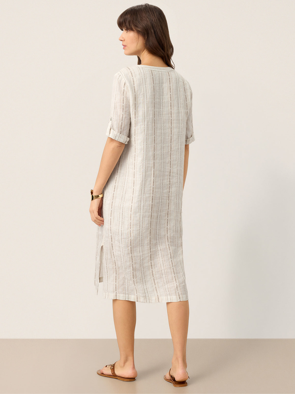 Linen Striped Notch Neck Tab-Cuff Bohemian Midi Dress ALTHEA by LINTICO for women