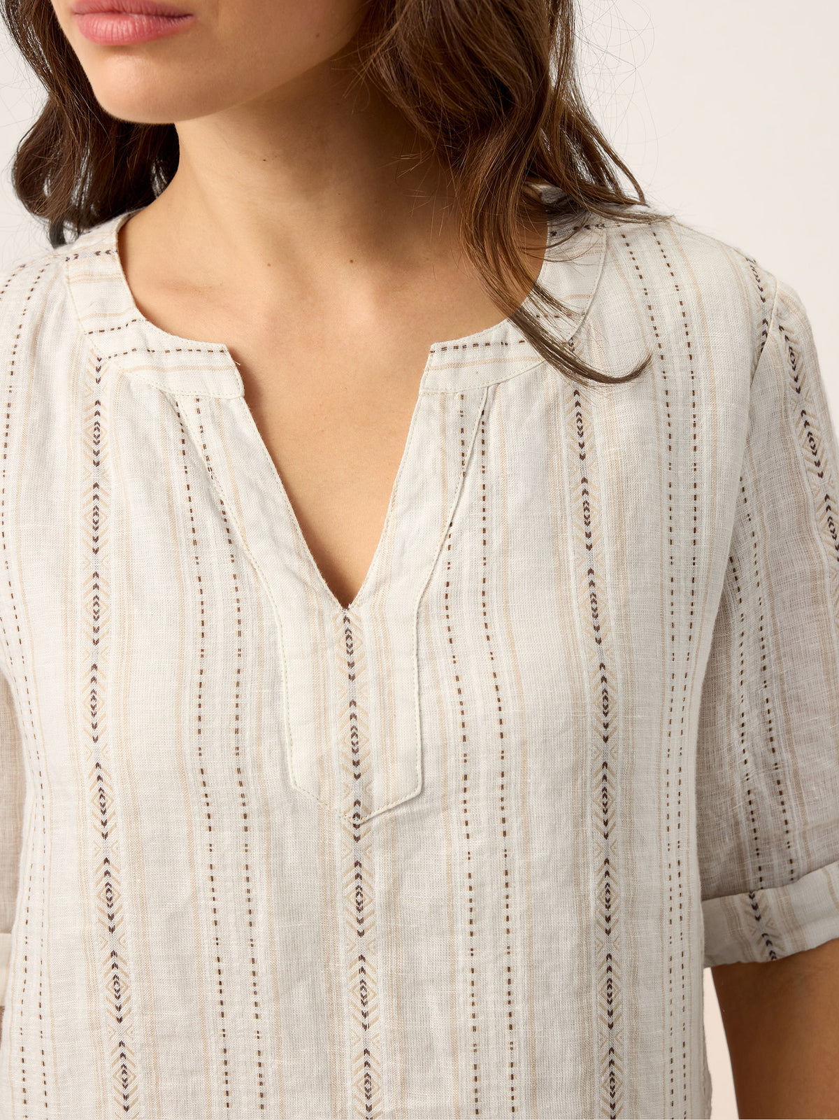 Linen Striped Notch Neck Tab-Cuff Bohemian Midi Dress ALTHEA by LINTICO for women