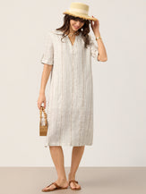 Linen Striped Notch Neck Tab-Cuff Bohemian Midi Dress ALTHEA by LINTICO for women