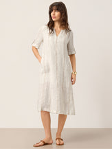 Linen Striped Notch Neck Tab-Cuff Bohemian Midi Dress ALTHEA by LINTICO for women