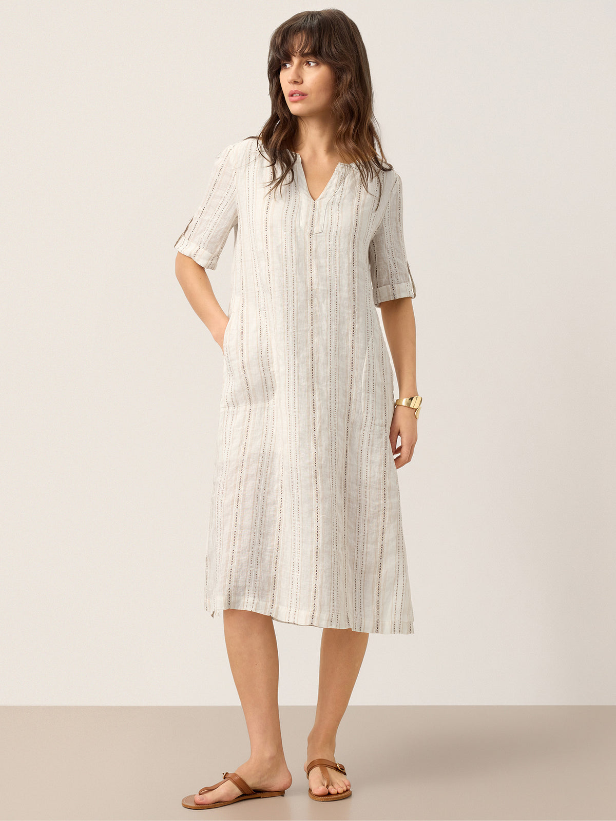 Linen Striped Notch Neck Tab-Cuff Bohemian Midi Dress ALTHEA by LINTICO for women