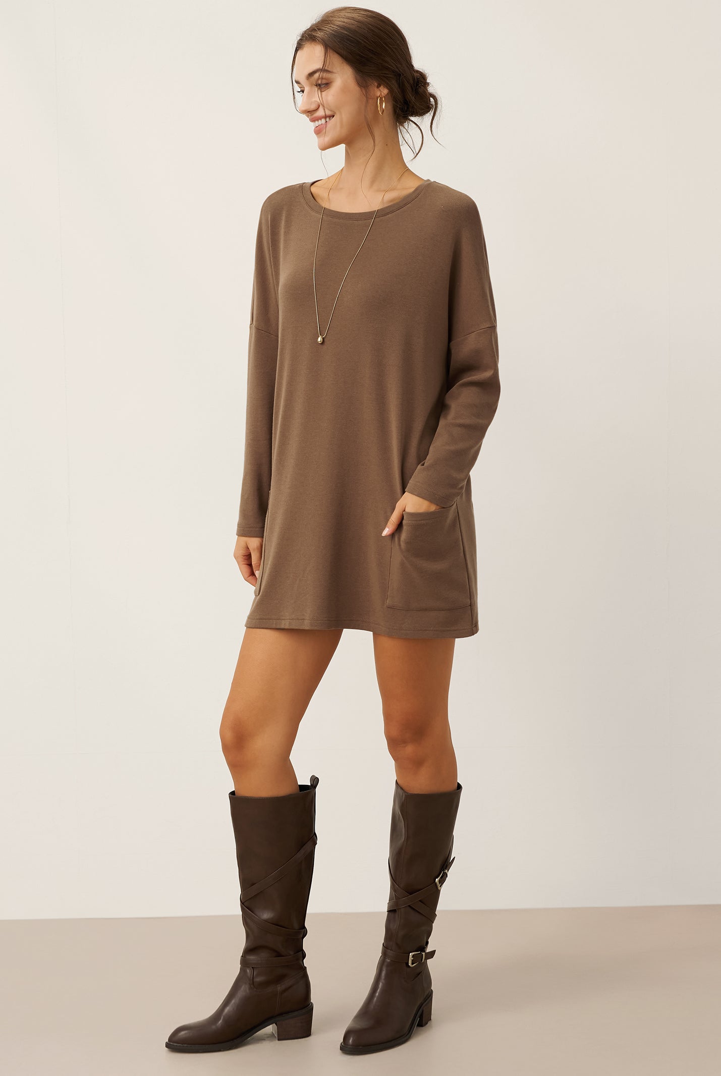 Lenzing Tencel Modal® Long Drop Shoulder Stretch Pullover Top with Patch Pockets by LINTICO for women