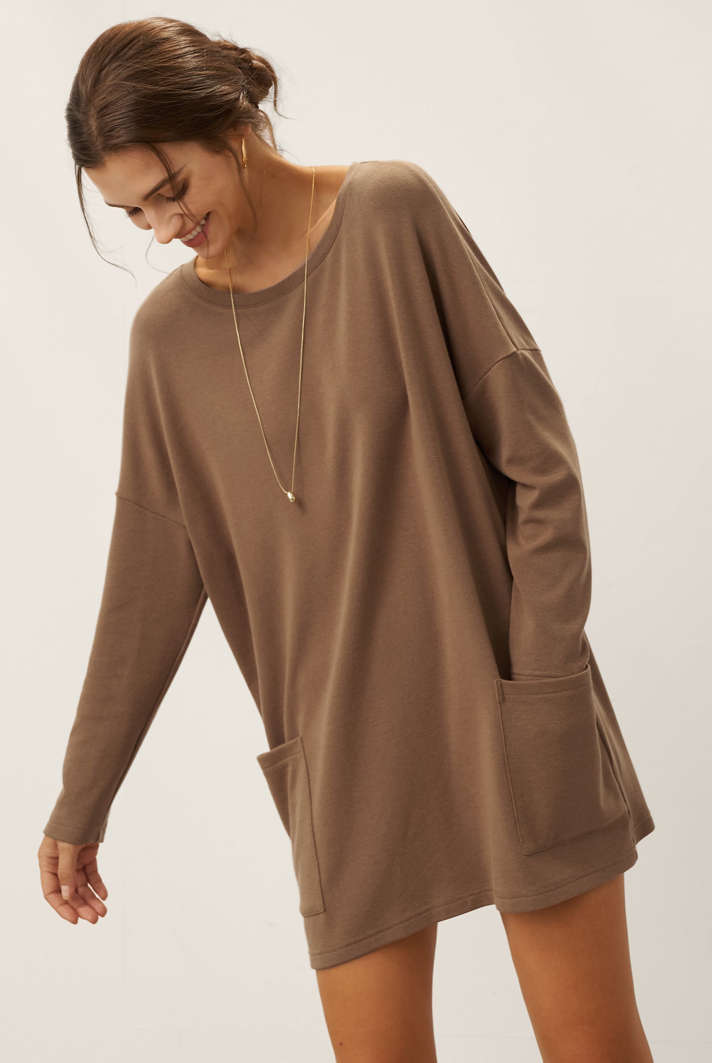 Lenzing Tencel Modal® Long Drop Shoulder Stretch Pullover Top with Patch Pockets by LINTICO for women