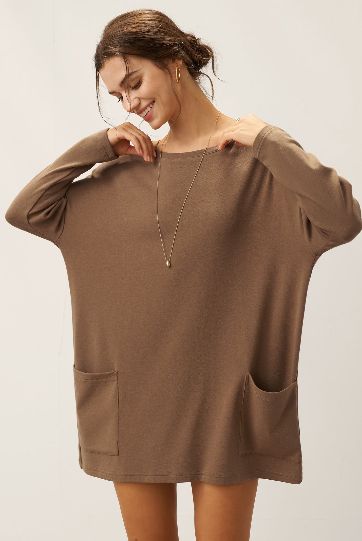 Lenzing Tencel Modal® Long Drop Shoulder Stretch Pullover Top with Patch Pockets by LINTICO for women