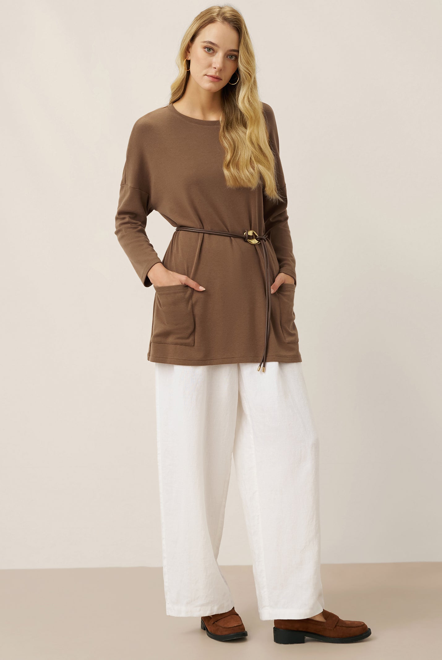 Lenzing Tencel Modal® Long Drop Shoulder Stretch Pullover Top with Patch Pockets by LINTICO for women