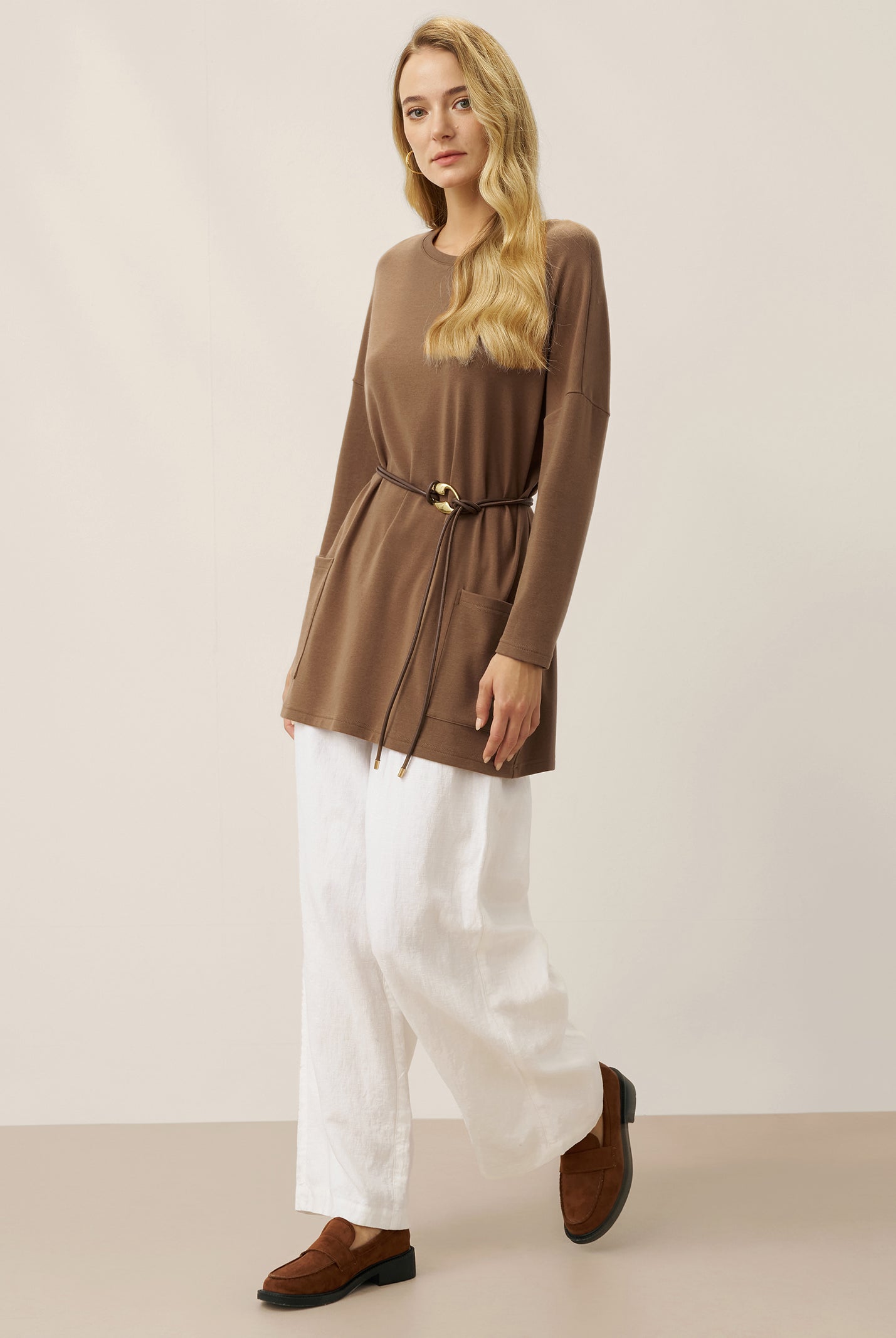 Lenzing Tencel Modal® Long Drop Shoulder Stretch Pullover Top with Patch Pockets by LINTICO for women