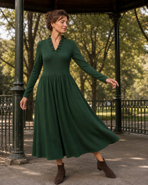Pine Green Lyocell Ruffle V-Neck Gathered Waist Knit Midi Dress BRIELLE by LINTICO