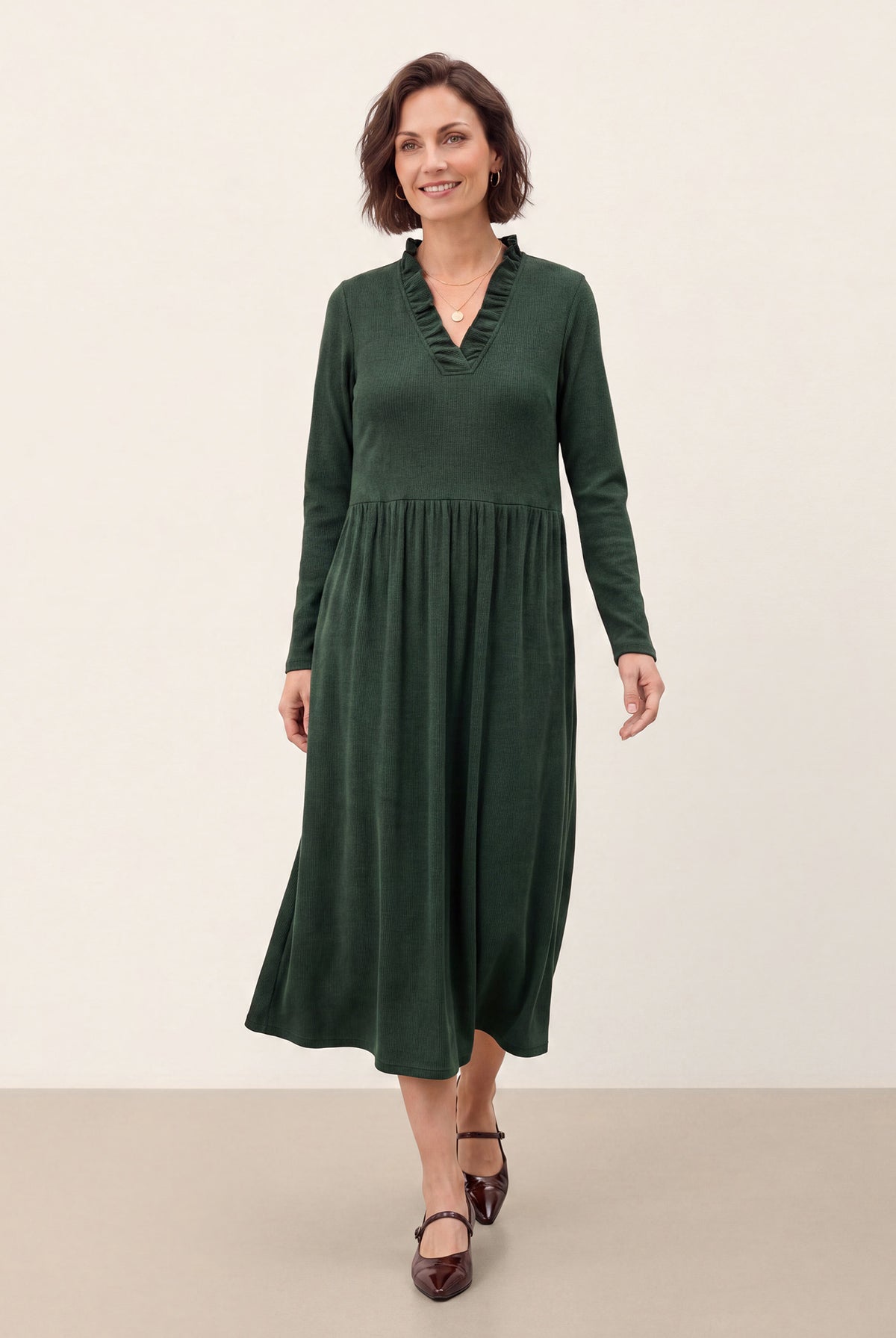 Pine Green Lyocell Ruffle V-Neck Gathered Waist Knit Midi Dress BRIELLE