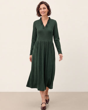Green Lyocell Ruffle V Neck Gathered Waist Knit Midi Dress BRIELLE by LINTICO